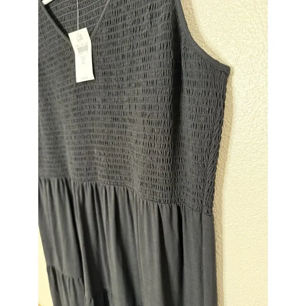 J.Jill Smocked Sleeveless Midi Dress Women's Size L PL Black NWT